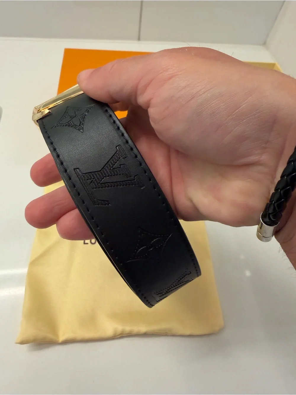 Louis Vuitton Black Monogram LV Initiales Belt Gold Buckle